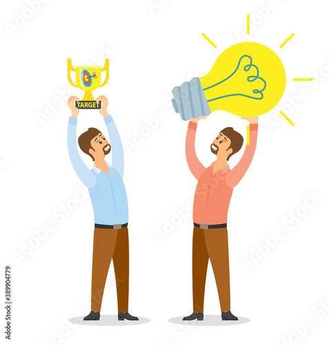 Guy having new idea. Startup project or new plan. Man holding lamp bulb. Business idea, colleagues and new project. Guy holding prize with target inscription. Isolated cartoon characters ambitions