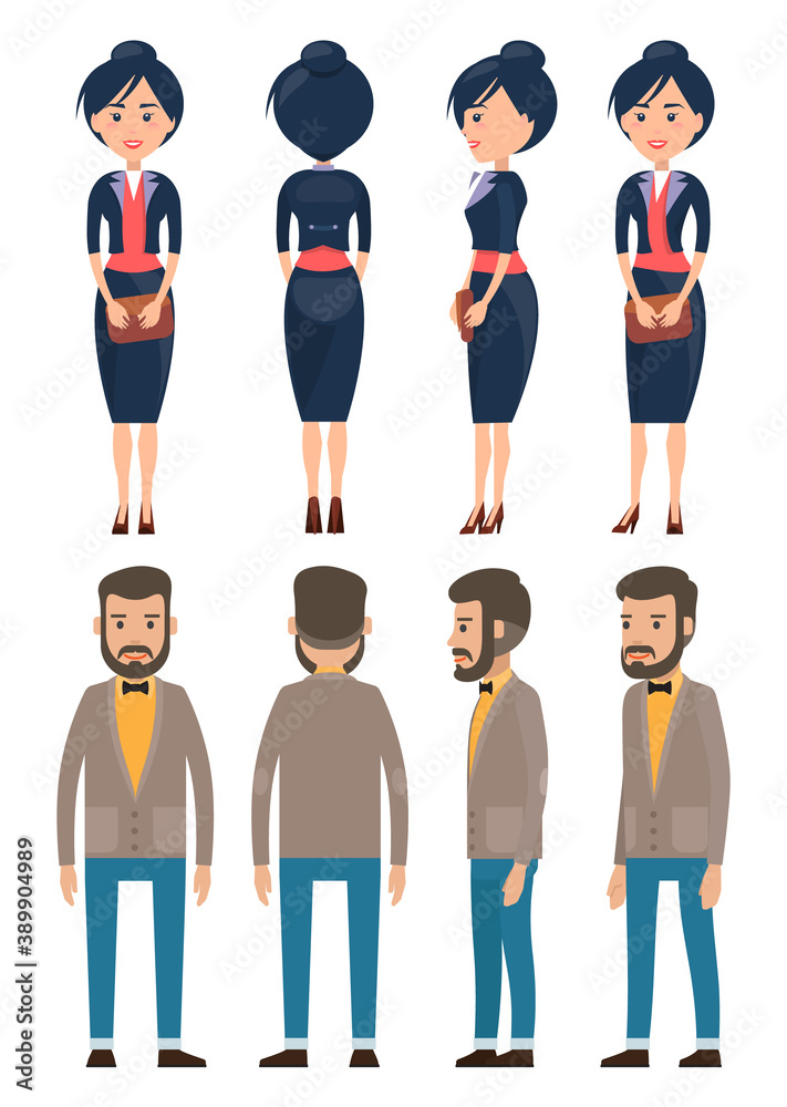 Fototapeta premium Stylish businesspeople wearing office suits, accessories. Elegance jacket and dress. Office worker dresscode. Businesswomen and businessmen with style office cloth. Dresscode of business person