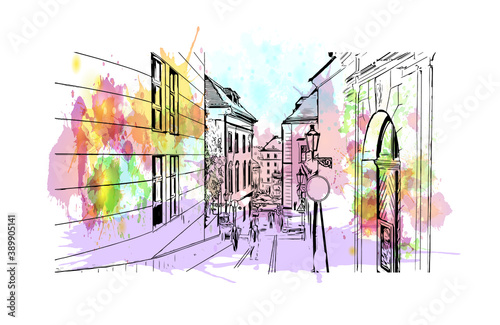 Building view with landmark of Brno is a city in the Czech Republic. Watercolor splash with hand drawn sketch illustration in vector.