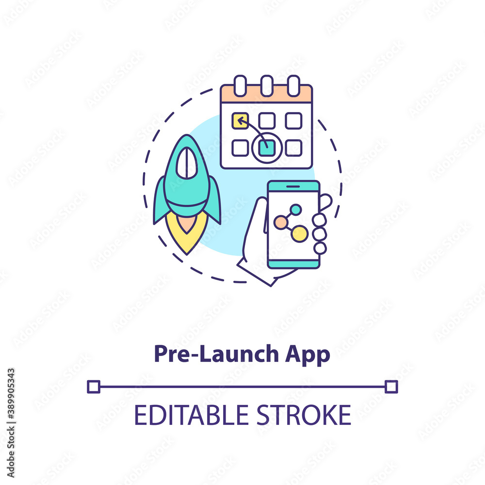 Pre launch app concept icon. App marketing tips. Production before assigned date. Demo version of application idea thin line illustration. Vector isolated outline RGB color drawing. Editable stroke