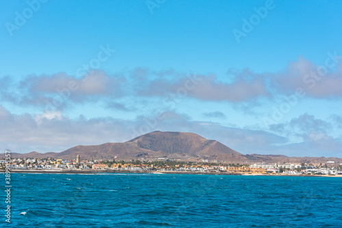 Sunny day in Corralejo from the sea in Fuerteventura on the Canary Islands in Spain.