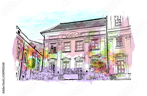Building view with landmark of Brno is a city in the Czech Republic. Watercolor splash with hand drawn sketch illustration in vector.