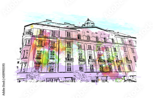 Building view with landmark of Brno is a city in the Czech Republic. Watercolor splash with hand drawn sketch illustration in vector.