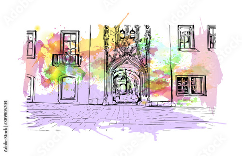 Building view with landmark of Brno is a city in the Czech Republic. Watercolor splash with hand drawn sketch illustration in vector.