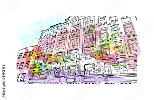 Building view with landmark of Brno is a city in the Czech Republic. Watercolor splash with hand drawn sketch illustration in vector.