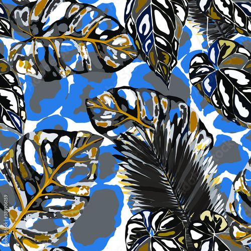 Tropical seamless pattern on animalistic texture. Jungle exotic summer print. Summer tropical leaf. Tropical flower fashion pattern. Floral tropic illustration. Vector seamless pattern.	