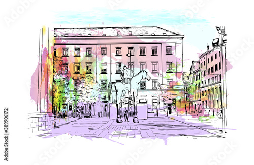 Building view with landmark of Brno is a city in the Czech Republic. Watercolor splash with hand drawn sketch illustration in vector.