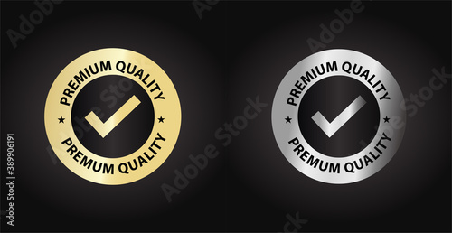 premium quality logo with tick mark, gold & silver, vector illustration