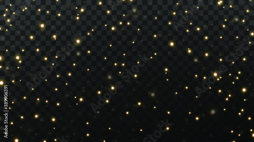 Christmas background. Powder dust light PNG. Magic shining gold dust. Fine, shiny dust bokeh particles fall off slightly. Fantastic shimmer effect. Vector illustrator.
