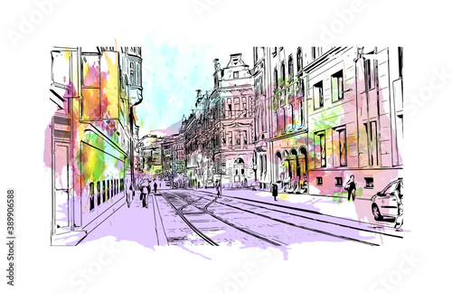 Building view with landmark of Brno is a city in the Czech Republic. Watercolor splash with hand drawn sketch illustration in vector.