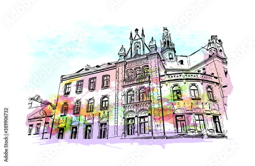 Building view with landmark of Brno is a city in the Czech Republic. Watercolor splash with hand drawn sketch illustration in vector.