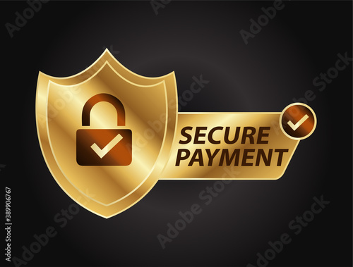 secure payment, text with pad lock with tick mark golden vector illustration