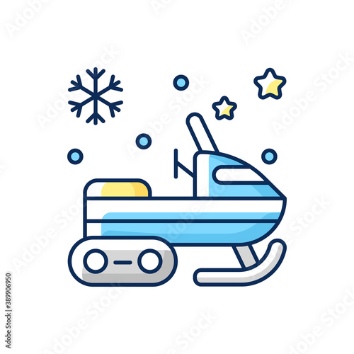 Snowmobile RGB color icon. Motor sled. Snow scooter. Snowmachine ride. Skidoo drive. Winter recreation extreme activity. Christmas entertainment. December race. Isolated vector illustration