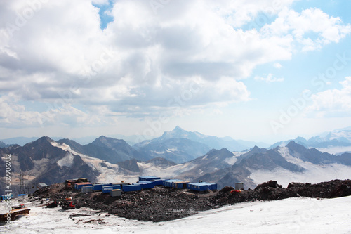 Intermediate mountain camp on Elbrus. Tourist houses where climbers, hikers and tourists stay