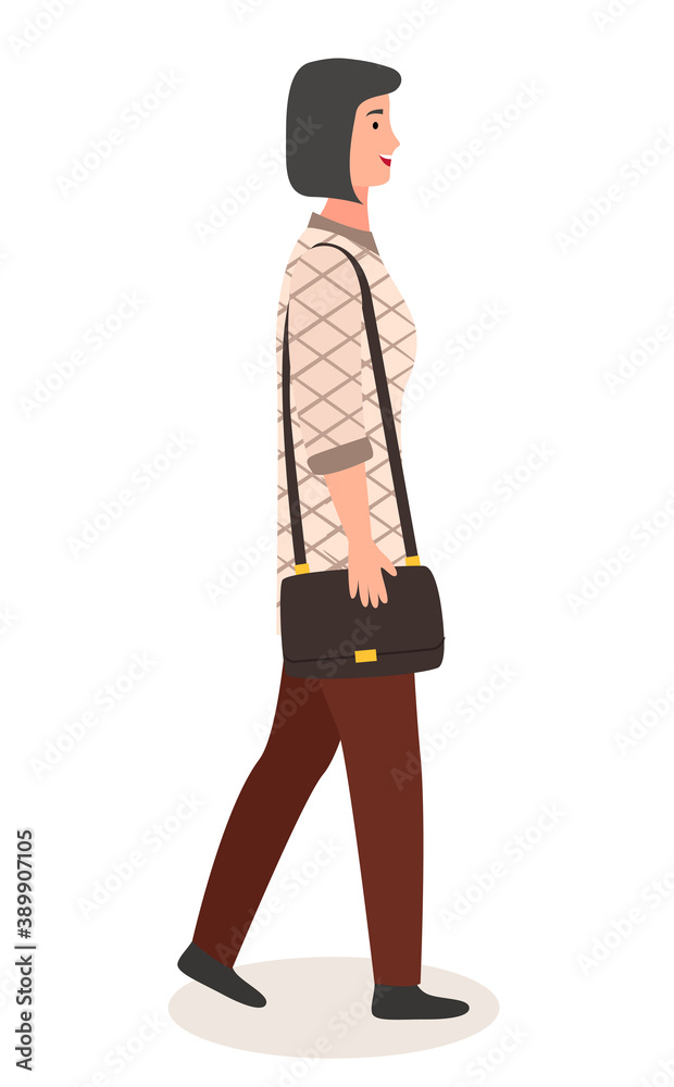 Young woman is walking, wearing trousers and a sweatshirt with bag on her shoulder. Girl in profile. Modern woman with a short haircut. Woman is smiling and walking. Flat vector illustration. Young woman is walking, wearing trousers and a sweatshirt with bag on her shoulder. Girl in profile. Modern woman with a short haircut. Woman is smiling and walking. Flat vector illustration.