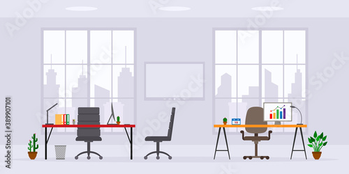 Design of modern empty office work place front view vector illustration. Flat style table, desk, chair, computer, desktop, window isolated on skyscraper background