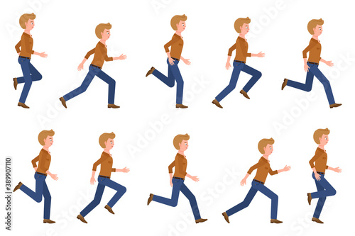 Young, adult man wearing jeans running sequence poses vector illustration. Fast moving forward, hurry, rush male person cartoon character set on white