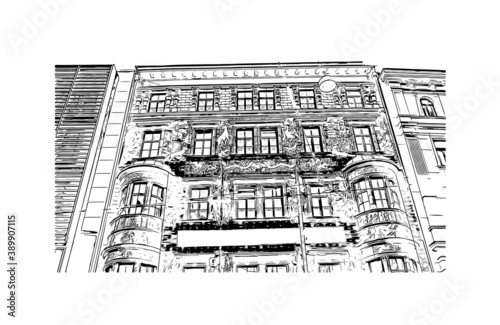 Building view with landmark of Brno is a city in the Czech Republic. Hand drawn sketch illustration in vector.