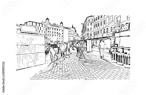 Building view with landmark of Brno is a city in the Czech Republic. Hand drawn sketch illustration in vector.