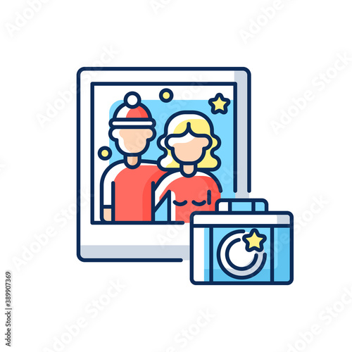 Winter photoshoot RGB color icon. Family festive photo. Couple portrait. Wife and husband pose for shot. Romantic Christmas activity. New Year photo shooting. Isolated vector illustration