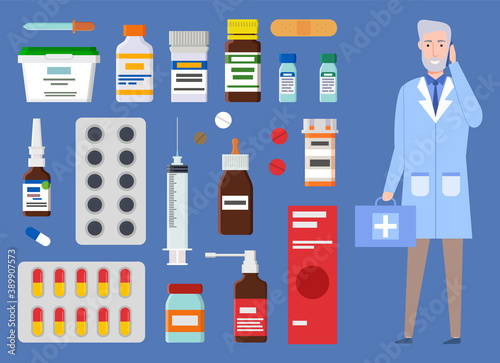 Medical staff, doctor, medic. Medical or healthcare web icons colorful capsules, containers, jars with pills, tablets, pipette, syringe, bottles with nasal drops, spray, patch Treatment collection
