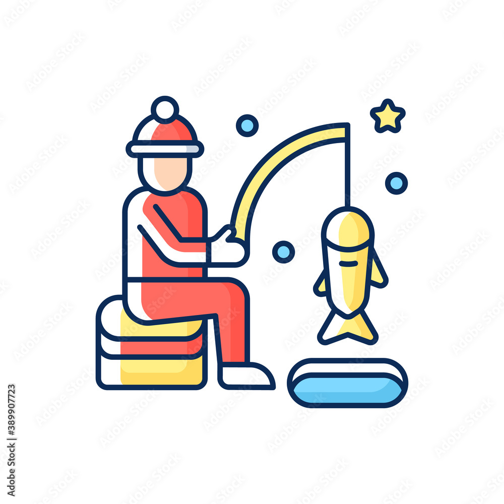 Ice fishing RGB color icon. Fisherman with rod. Fisher lure and catch on bait. North icy lake. Winter season recreation. Wintertime entertainment. Northern cold. Isolated vector illustration