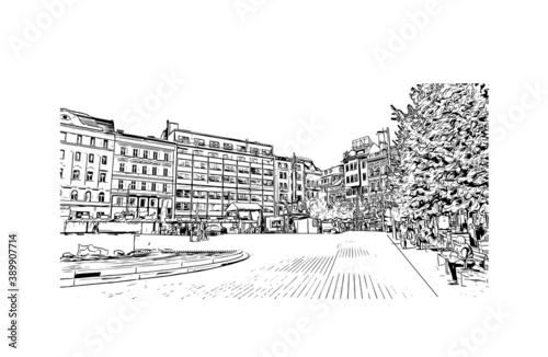 Building view with landmark of Brno is a city in the Czech Republic. Hand drawn sketch illustration in vector.