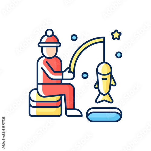 Ice fishing RGB color icon. Fisherman with rod. Fisher lure and catch on bait. North icy lake. Winter season recreation. Wintertime entertainment. Northern cold. Isolated vector illustration