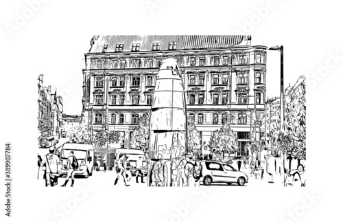 Building view with landmark of Brno is a city in the Czech Republic. Hand drawn sketch illustration in vector.