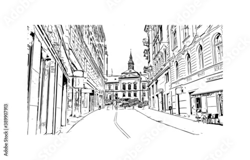 Building view with landmark of Brno is a city in the Czech Republic. Hand drawn sketch illustration in vector.