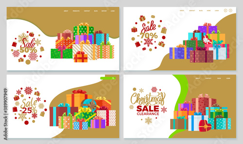 Christmas discounts and winter sale for products in online shop. Store reduction of price on presents and gifts wrapped in boxes. Holidays sellout. Website or webpage template, landing page vector