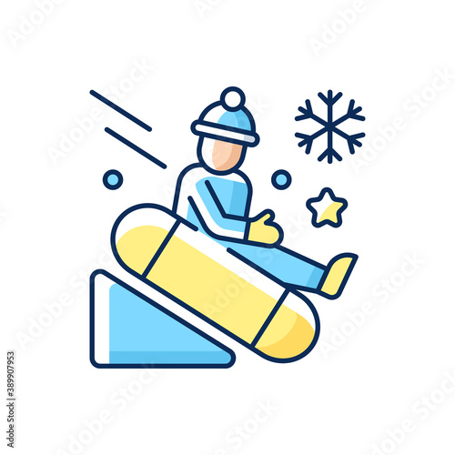 Snow tubing RGB color icon. Fun children ride downhill. Extreme sledging. Winter activity. Fast skate. New Year entertainment. Festive season recreation for kids. Isolated vector illustration