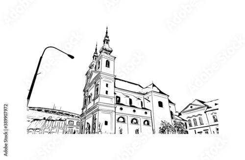 Building view with landmark of Brno is a city in the Czech Republic. Hand drawn sketch illustration in vector.