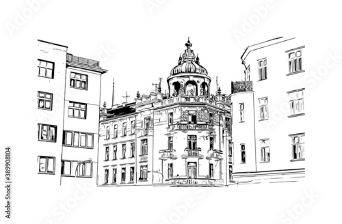Building view with landmark of Brno is a city in the Czech Republic. Hand drawn sketch illustration in vector.