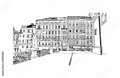 Building view with landmark of Brno is a city in the Czech Republic. Hand drawn sketch illustration in vector.