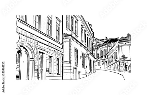 Building view with landmark of Brno is a city in the Czech Republic. Hand drawn sketch illustration in vector.