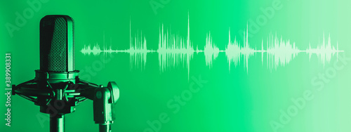 Microphone with waveform on green background, broadcasting or podcasting banner