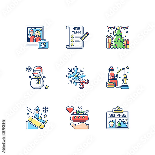 Festive holiday RGB color icons set. Family photo. New Year resolution. Xmas tree. Snowman, DIY snowflake. Christmas time. Winter season entertainment. Isolated vector illustrations