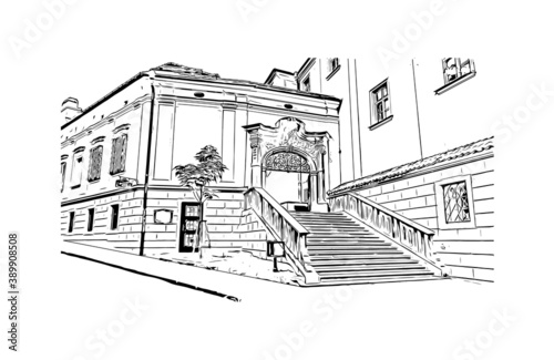 Building view with landmark of Brno is a city in the Czech Republic. Hand drawn sketch illustration in vector.