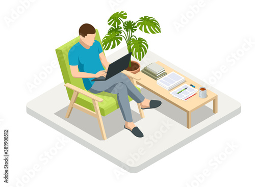 Isometric business man working at home with laptop and papers on desk. Freelance or studying concept. Online meeting work form home. Home office.