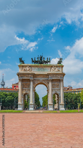 Triumphal Arch called Arch of Peace (Porta Sempione) in Milan historical downtown, Sempione Park, Italy