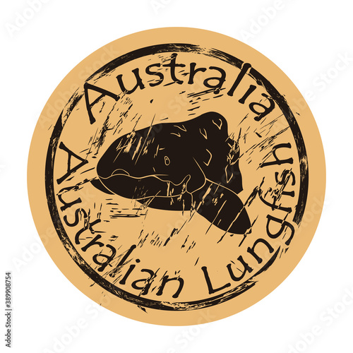 Australian lungfish fish silhouette icon vector round shabby emblem design, old retro style. Queensland lungfish head logo mail stamp on craft paper. Fauna Australia shape vintage grunge sign.