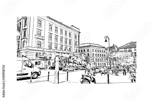 Building view with landmark of Brno is a city in the Czech Republic. Hand drawn sketch illustration in vector.