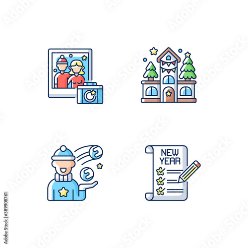 Festive season activity RGB color icons set. Snowball fight. Christmas house decoration. Winter photography. New Year resolution. Holiday activities. Vacation fun. Isolated vector illustrations