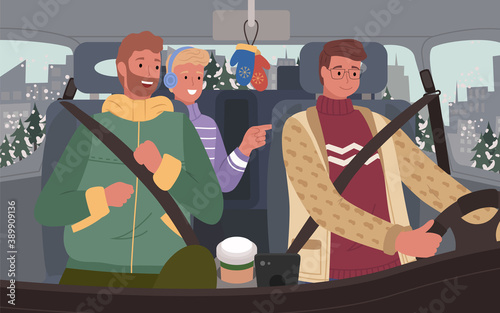 Smiling men friends sitting in car and traveling together. Male character wearing sweater warm clothes and driving in snowy city. Adventure of boys in transport with cup and mittens symbols vector