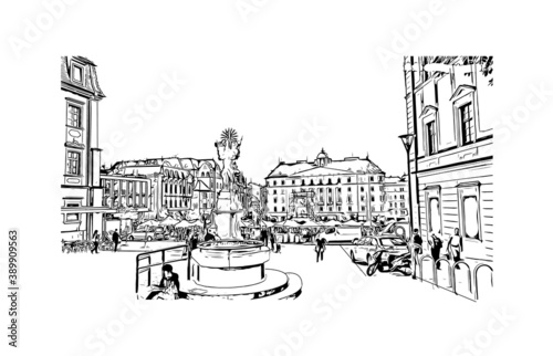 Building view with landmark of Brno is a city in the Czech Republic. Hand drawn sketch illustration in vector.