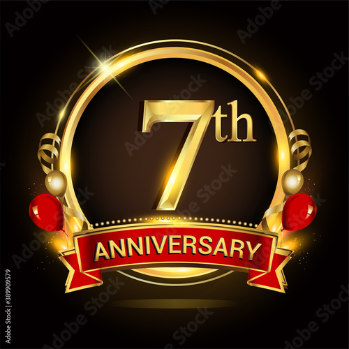 7th anniversary logo with golden ring, balloons and red ribbon. Vector design template elements for your birthday celebration.
