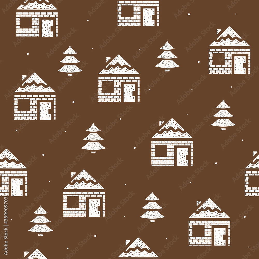 Seamless pattern of houses and fir trees in flat style on a brown background Seamless pattern of houses and fir trees in flat style on a brown background