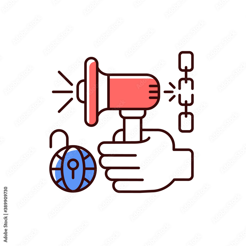 Speech and expression freedom RGB color icon. International human rights law. Democracy and social interaction. Without retaliation, censorship, legal sanction fear. Isolated vector illustration