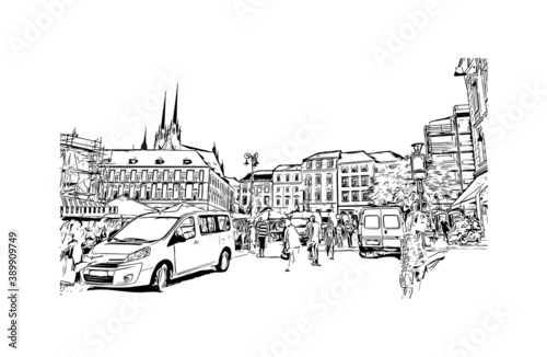 Building view with landmark of Brno is a city in the Czech Republic. Hand drawn sketch illustration in vector.